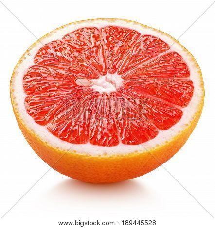 Ripe half of pink grapefruit citrus fruit isolated on white background. Pink grapefruit half with clipping path