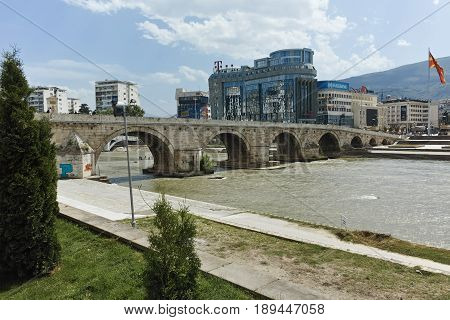 SKOPJE, REPUBLIC OF MACEDONIA - 13 MAY 2017: Skopje City Center, Old Stone Bridge and Vardar River, Republic of Macedonia
