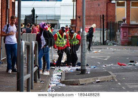 CARDIFF UK - 3 JUNE 2017 Police search teams check bags during Champions League Final. British police and security services on high alert as hundreds of thousands of fans enjoy football in the capital of Wales