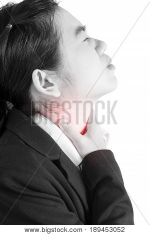 Acute Pain And Sore Throat Symptom In A Woman Isolated On White Background. Clipping Path On White B