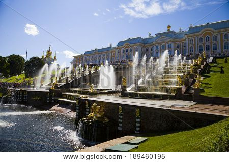 St Petersburg, Russia - August 2, 2015: Grand Cascade At Pertergof Palace.