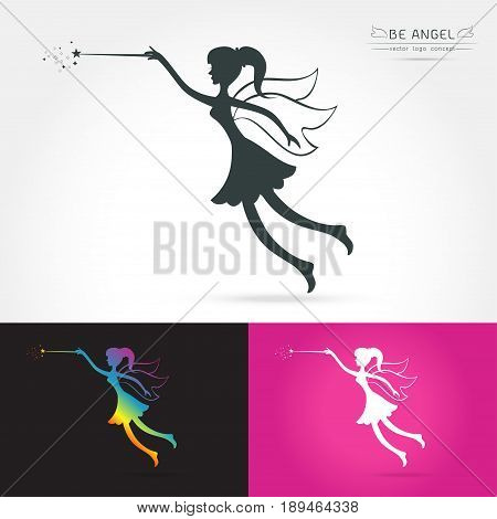 Fairy flying logo vector icon cartoon style. Fairy black silhouette holding a magic wand with magic sparkle. Vector illustration of Fairy with a magic wand isolated on white background