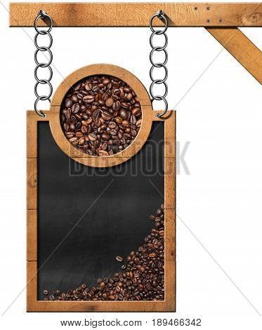 Blackboard with coffee beans and copy space hanging from a metal chain on a wooden pole and isolated on white background