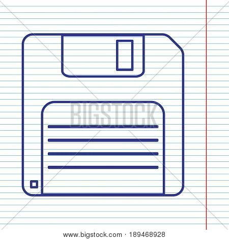 Floppy disk sign. Vector. Navy line icon on notebook paper as background with red line for field.