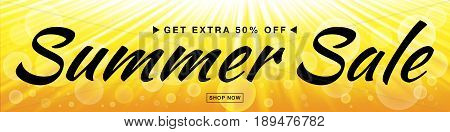 Summer sale template vector banner with sun rays. Glow horizontal sunlight yellow background. Sunshine glare heat with flash rays and bubbles backdrop. Campaign sale 50 procents off.