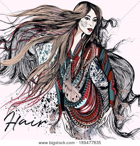 Fashion trendy illustration with beautiful girl and horse. Boho design be free wild follow your dream