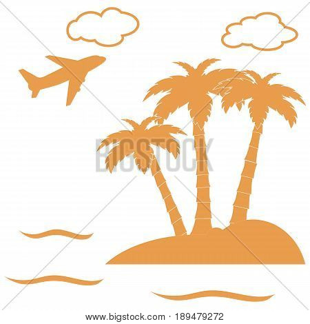 Stylized Icon Palm Trees On An Island In The Ocean And A Flying Plane