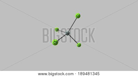 Silicon tetrachloride or tetrachlorosilane is the inorganic compound with the formula SiCl4. It is a colourless volatile liquid that fumes in air. 3d illustration