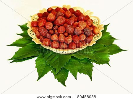 Strawberries red, ripe in yellow vase on green leaves