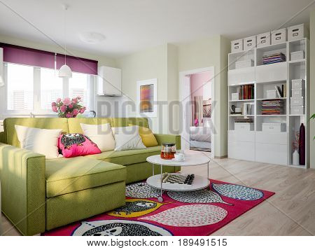Modern Urban Contemporary Scandinavian Studio open living room dining room and kitchen Interior Design with Light green color walls Fuchsia decor white glossy kitchen and Light green sofa. 3d render