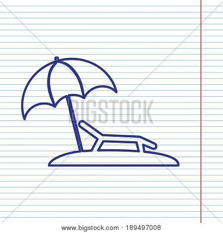 Tropical resort beach. Sunbed Chair sign. Vector. Navy line icon on notebook paper as background with red line for field.