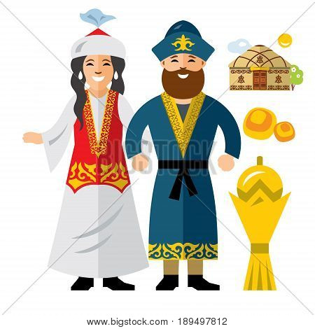 Couple in traditional dress, yurt, food, monument. Isolated on a white background