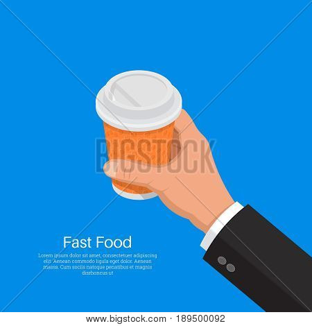 The hand holds a paper glass with coffee.Fast food.Design elements in 3D style.Isometry.Vector illustration in flat style.Break for coffee.