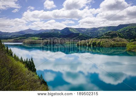 Reflection Lake With Pine Forest In Tohoku, Japan