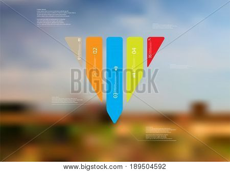 Illustration infographic template with motif of triangle vertically divided to five standalone color sections with simple sign number and sample text. Blurred photo is used as background.