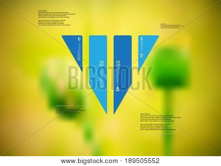 Illustration infographic template with motif of triangle vertically divided to four standalone blue sections with simple sign number and sample text. Blurred photo is used as background.