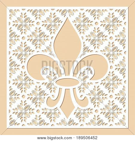 White openwork frame with feur de lis inside. Laser cutting template for greeting cards envelopes wedding invitations menus interior decorative elements.