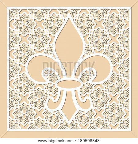 White openwork frame with feur de lis inside. Laser cutting template for greeting cards envelopes wedding invitations menus interior decorative elements.