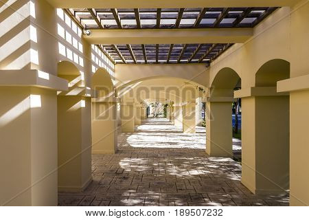 Column corridor pergola in luxery hotel, Greece