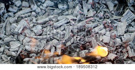 Beautiful burning bonfire in the camp preparing charcoal for barbecue natural fuel abstract natural background