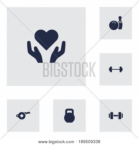 Set Of 6 Bodybuilding Icons Set.Collection Of Kegling, Heart In Hand, Dumbbell Elements.