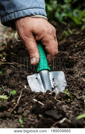A woman's hand digs soil and soil with a shovel. Close-up Concept of gardening gardening.
