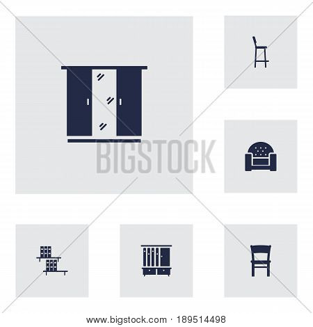 Set Of 6 Decor Icons Set.Collection Of Bookcase, Stool, Chair And Other Elements.