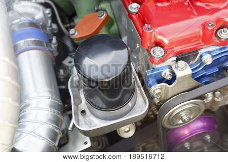 Oil filter on diesel racing car engine