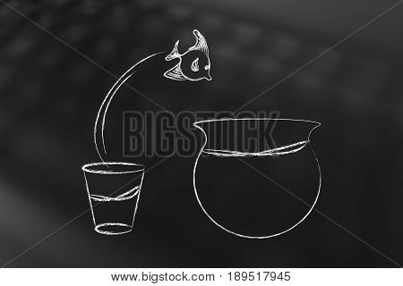 Fish Jumpying Out Of A Tiny Glass Into A Bigger Bowl