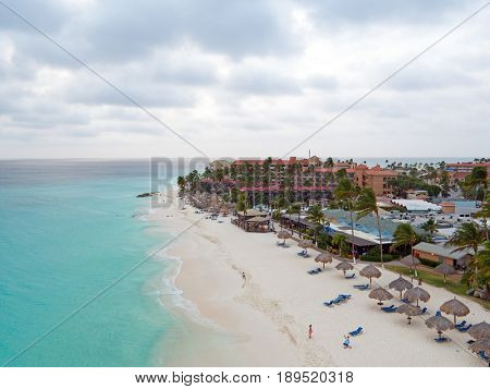 Aerial from Druif beach on Aruba island in the Caribbean at sunset