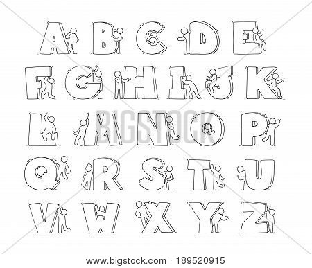 Cartoon icons set of sketch little people with letters. Doodle cute workers with alfabet. Hand drawn vector illustration for education design.