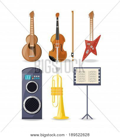 set icon music instruments amplifier and music sheet vector illustration