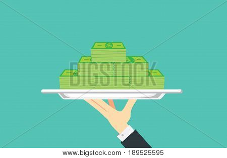 Hand holding silver tray which have many banknote paste in it. Illustration about financial with catering concept.