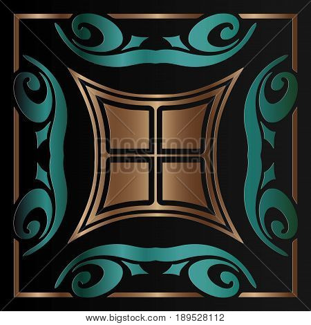 embossed on an abstract symmetrical turquoise oriental pattern in gold leaf frame on black background