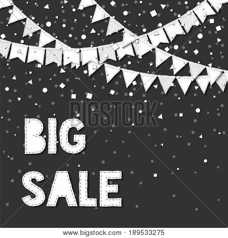 Bunting Party. Lovely Celebration Card With White Stitched Cutout Paper Bunting Party And Confetti O