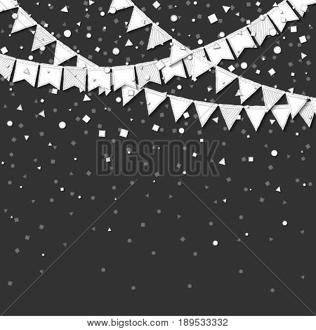 Bunting Party. Gorgeous Celebration Card With White Stitched Cutout Paper Bunting Party And Confetti