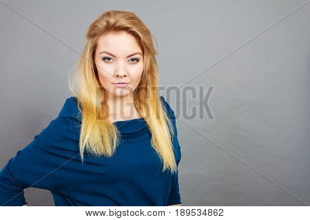 Portrait Blonde Young Woman Having Serious Face Expression