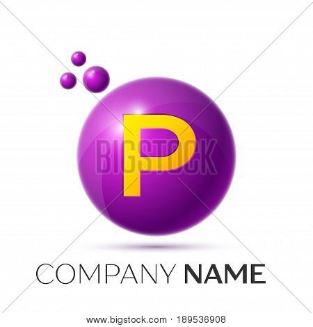 P Letter splash logo. Purple dots and circle bubble letter design on grey background. Vector Illustration