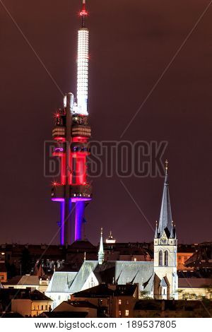 City of Prague - Southeast view of Prague from Zizkov Televison Tower. Night wiev