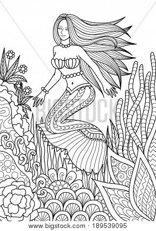 Pretty mermaid swimming among beautiful coral design for adult coloring book page. Vector illustration