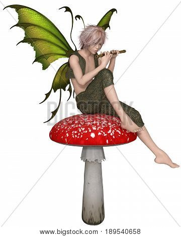 Fantasy illustration of a Fairy Boy sitting on a toadstool playing a wooden flute, digital illustration (3d rendering)