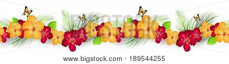 Illustration of hibiscus seamless decoration line with butterflies