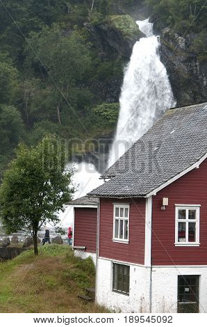 Steindalsfossen Waterfall In A Rainy Day