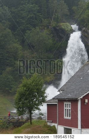 Steindalsfossen Waterfall In A Rainy Day