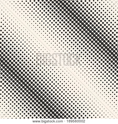 Vector monochrome halftone seamless pattern, different sized circles & dots diagonal rows background. Black & white morphing texture. Modern abstract transition background. Square design element for abstract background, web pattern, cloth, table cloth