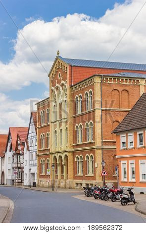 HAMELN, GERMANY - MAY 22, 2017: Colorful school building in the historic center of Hameln, Germany