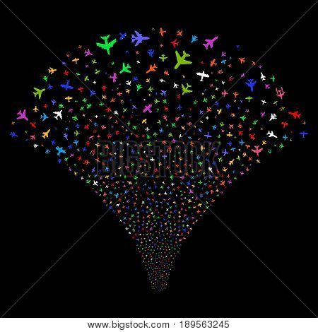 Airplanes salute stream. Vector illustration style is flat bright multicolored iconic symbols on a black background. Object source fountain done from random pictograms.