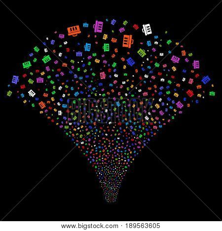 Analysis salute stream. Vector illustration style is flat bright multicolored iconic symbols on a black background. Object fireworks fountain done from random pictographs.