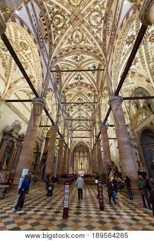 VERONA ITALY - MAY 1 2016 - Interior of Sant'Anastasia Church in Verona Italy. Sant'Anastasia is a church of the Dominican Order in Verona it was built in 1280 -1400
