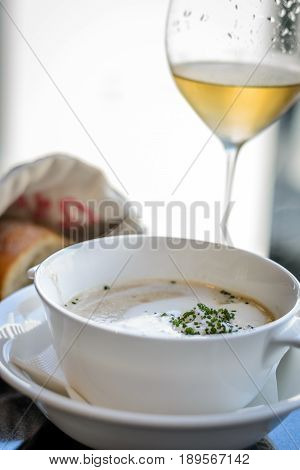 Chest nut soup with white truffle Chantilly and champagne